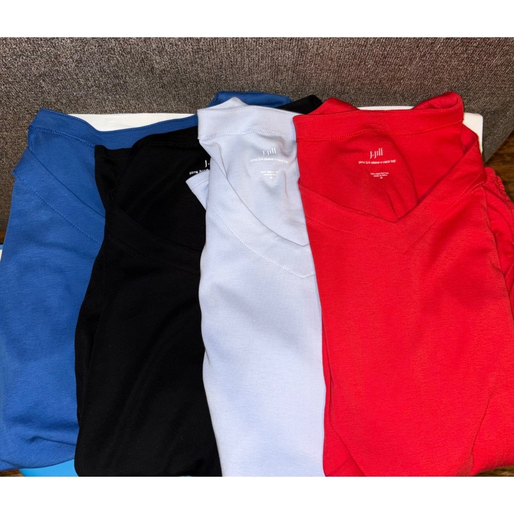 Lot of 4 J. Jill Pima Cotton 3/4 Sleeve V-Neck Tops Sz Med Black Red Blue